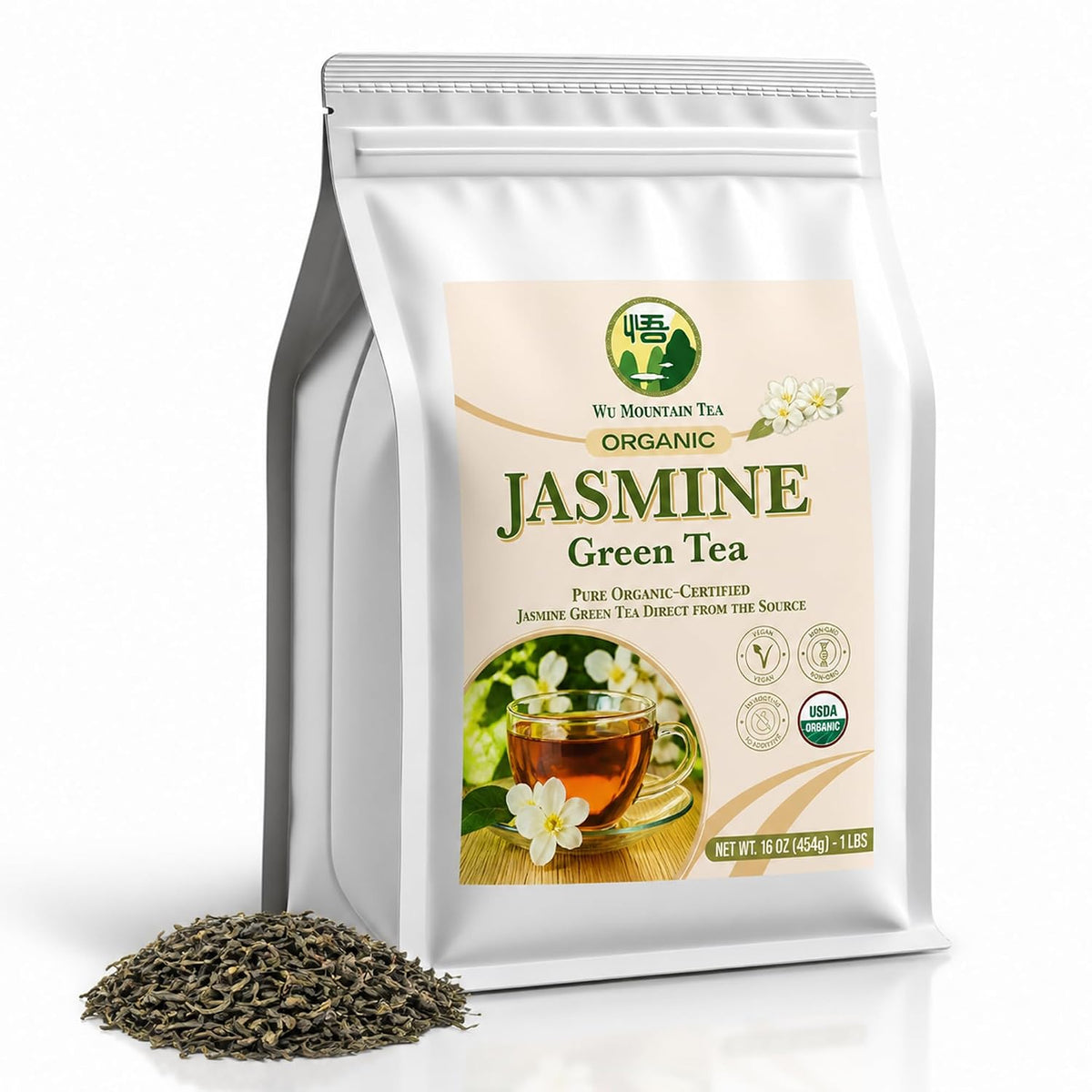 Wu Mountain Tea Organic Jasmine Green Tea – 1 lb Loose Leaf – USDA Organic Chinese Green Tea Scented with Jasmine Blossoms – Smooth Floral Aroma, Clean Finish, No Additives – Hot or Iced Tea