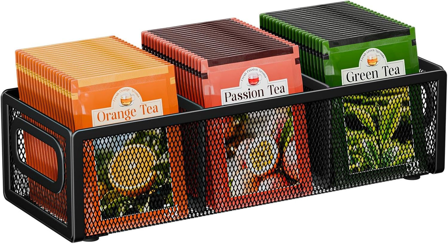 2 Tier Tea Bag Organizer, Mesh Tea Bag Holder with Handle, Teabag Holder, Tea Station Organizer for Countertop, Pantry, Kitchen, Cabinet -Black