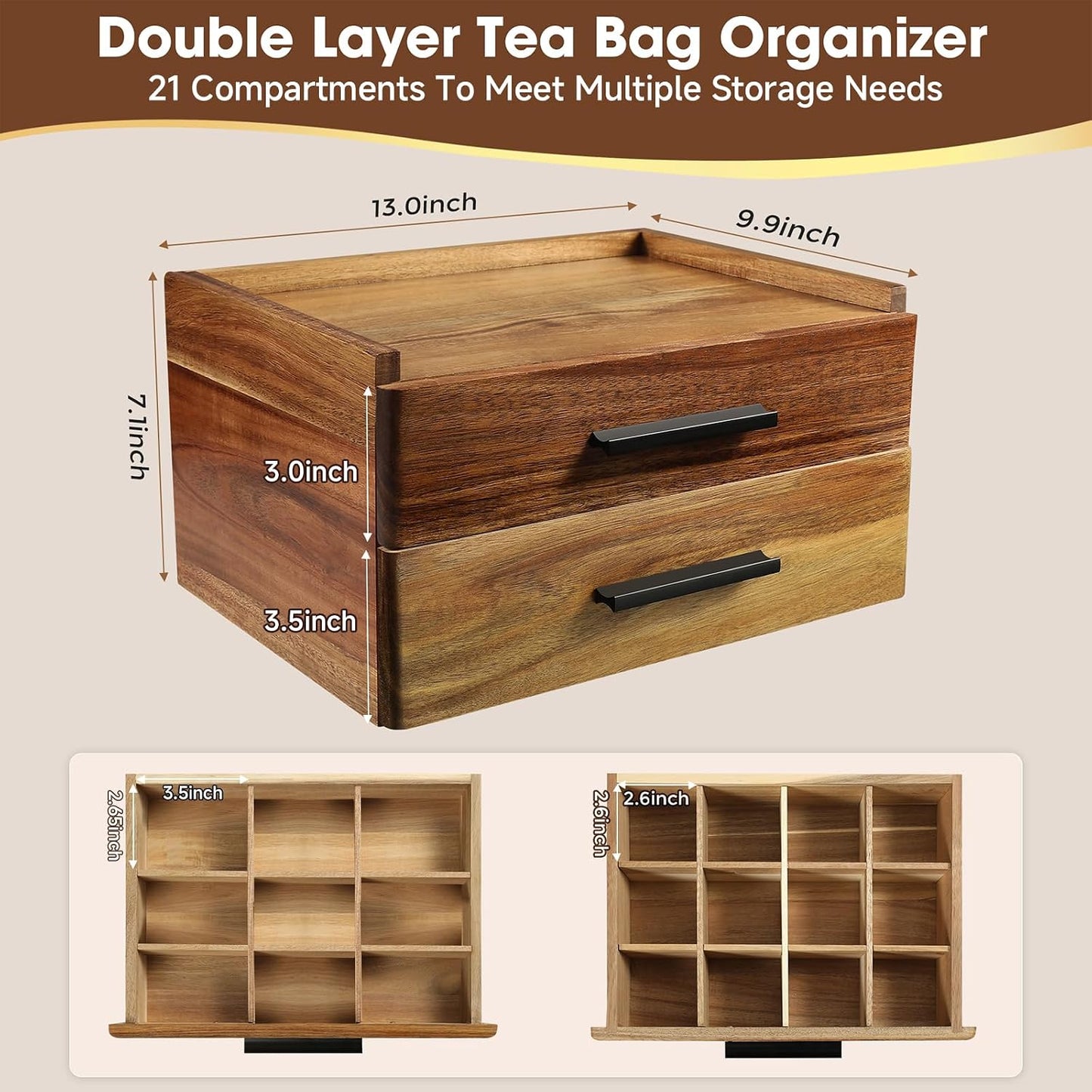 Acacia Wood Tea Bag Organizer with Gift Box, Double-Drawer Tea Box - Tea Accessories for Tea Organizer and Storage Box, Tea Station Chest Caddy for Countertop Cabinet Office(21-Compartment)