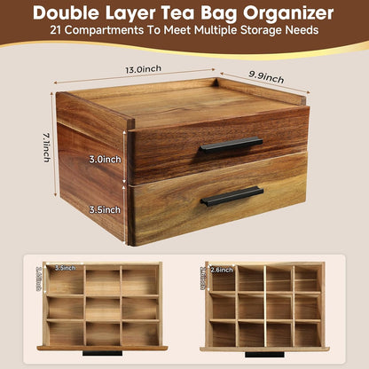 Acacia Wood Tea Bag Organizer with Gift Box, Double-Drawer Tea Box - Tea Accessories for Tea Organizer and Storage Box, Tea Station Chest Caddy for Countertop Cabinet Office(21-Compartment)