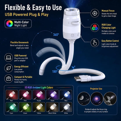 Galaxy Starry Sky Night Light Projector, 2-in-1 Portable with 12 Projection Films, 360° Adjustable Brightness Control Eye‑Caring LED Night Light for Kids Adults Bedroom Home Ceiling Car Decor Gift