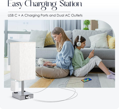 Bedside Table Lamp for Bedroom - Touch Small Lamp with USB C+A Charging Ports & AC Outlets, 3 Way Dimmable Nightstand Light for Living Room (LED Bulb Included, Grey)