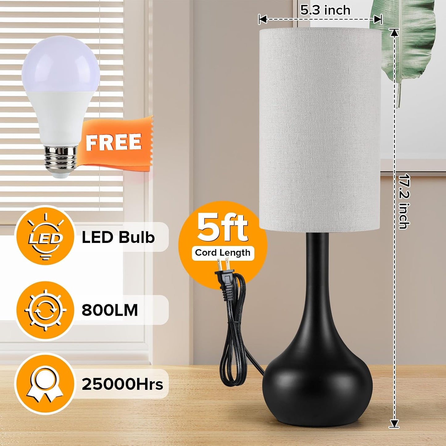 Touch Bedside Lamp for Nightstand,3-Way Dimmable,Space Saving & No Assembly Required, Upgraded Small Droplet Vintage Black Table Lamp for Bedroom, Living Room (2700K LED Bulb Included)