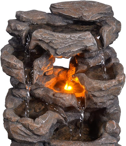 Cascading Indoor Tabletop Water Fountains with LED Light - Rockery Waterfall Fountain - Quiet and Relaxing Water Sound - Small 9.7 Inch Desktop Size - Home/Office Decor