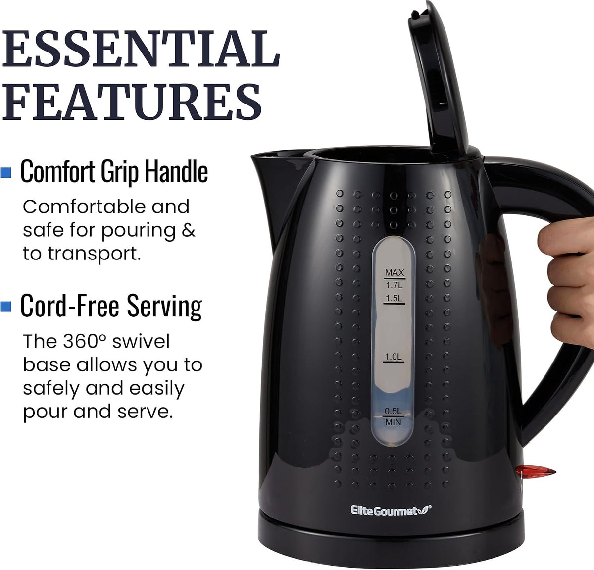 Elite Gourmet EKT5051 1.7L Electric Water Kettle, BPA-Free Fast Boil, Black