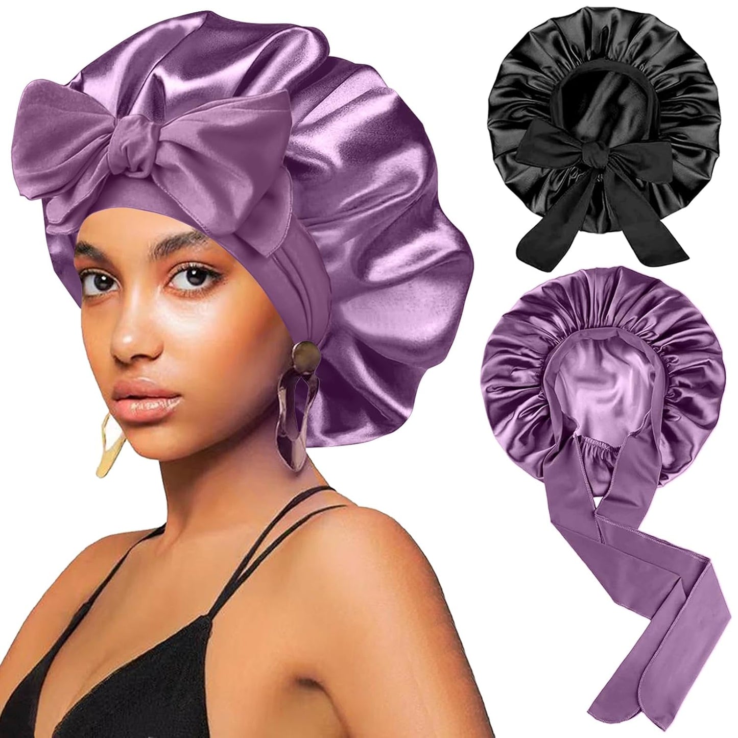 2Pcs Silk Hair Satin Bonnet for Sleeping Women,Large Satin Sleep Bonnets for Women with Elastic Tie Band Silk Hair Wrap with Ajustable Straps,Night Sleep Cap for Curly Braids,Black+Rose Gold