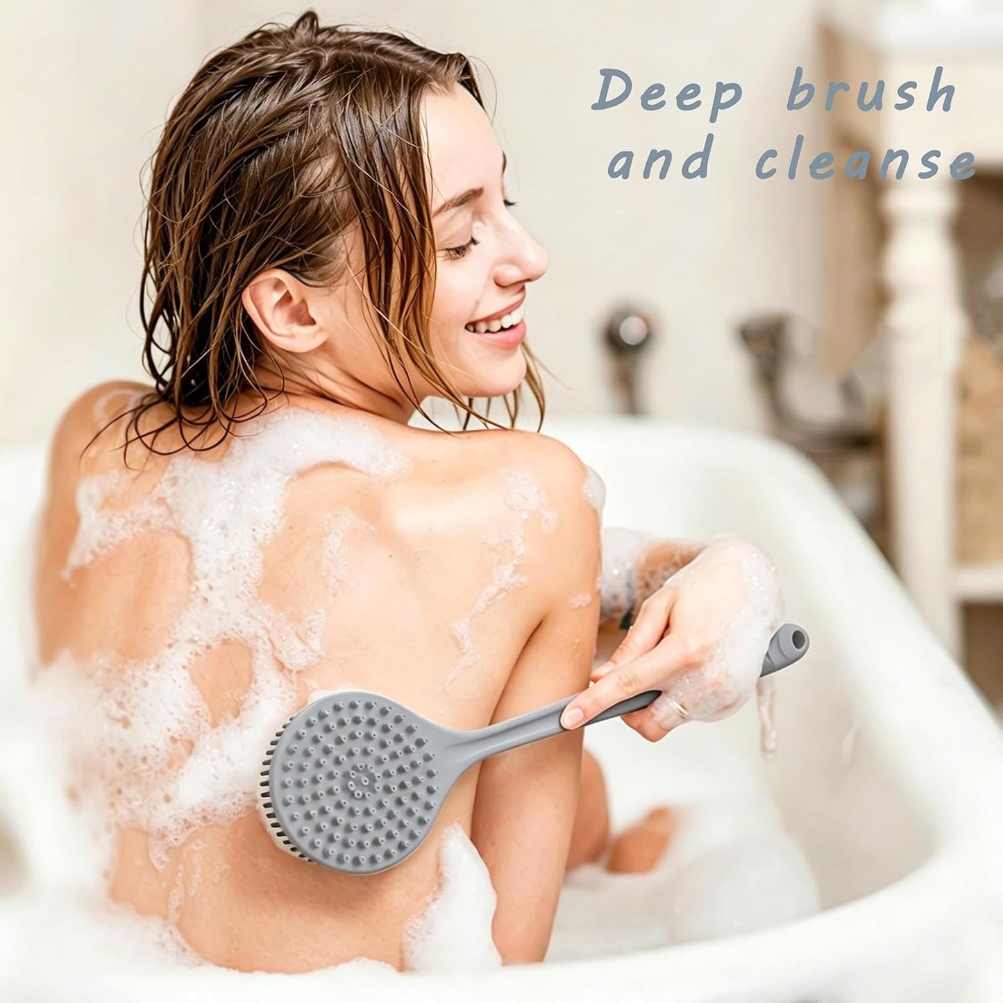 Silicone Back Scrubber for Shower, 17in Lengthen Long Handle Body Brush, Double Sided Shower Brush for Shower Exfoliating and Massage,Includes 2 Hooks (Black)