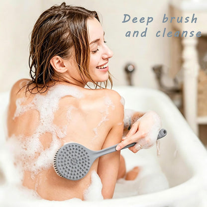 Silicone Back Scrubber for Shower, 17in Lengthen Long Handle Body Brush, Double Sided Shower Brush for Shower Exfoliating and Massage,Includes 2 Hooks (Black)