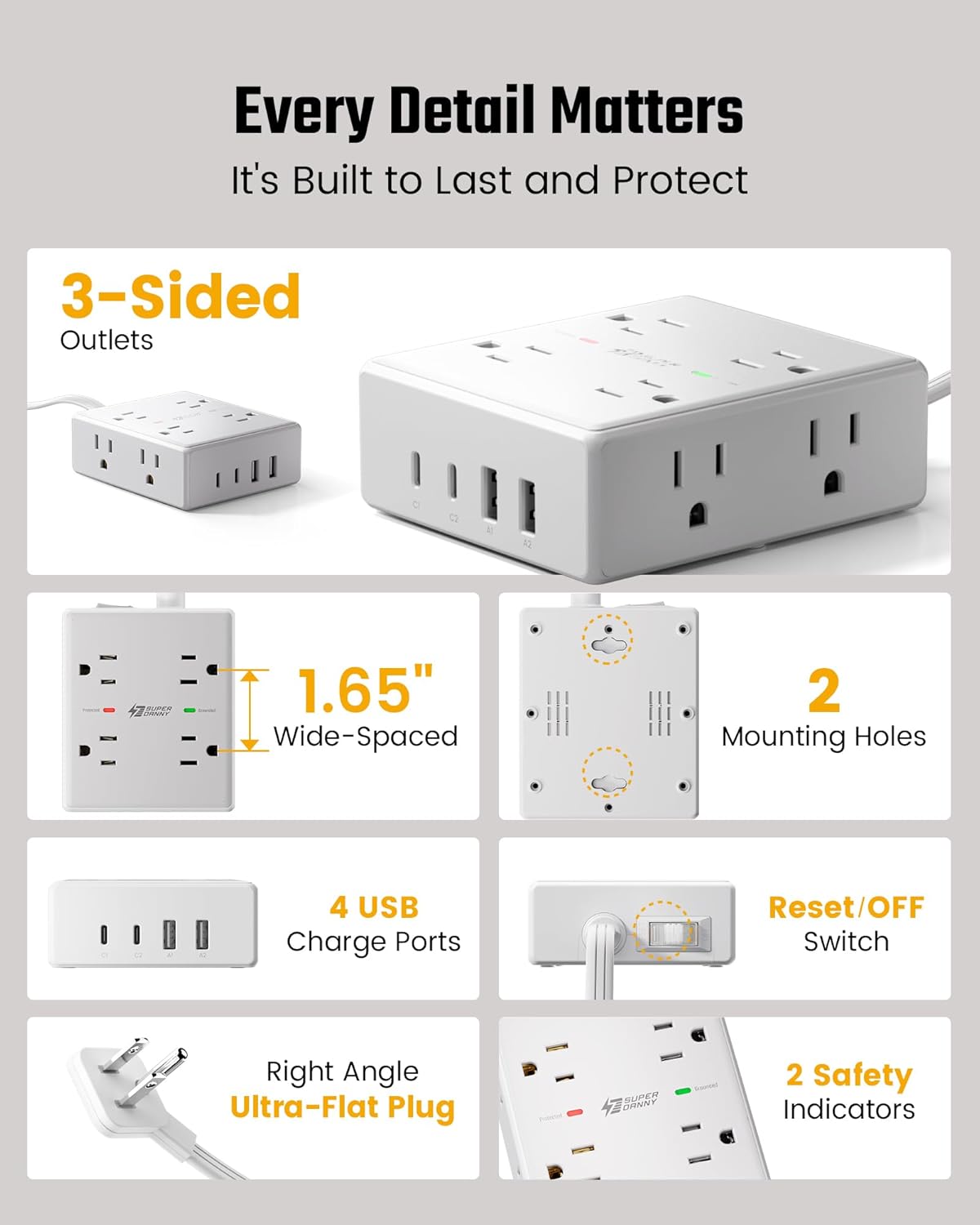 SUPERDANNY Extension Cord,Flat Plug Surge Protector Power Strip,10Ft