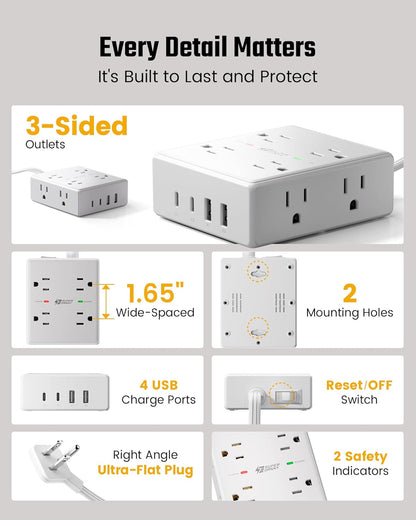 SUPERDANNY Extension Cord,Flat Plug Surge Protector Power Strip,10Ft