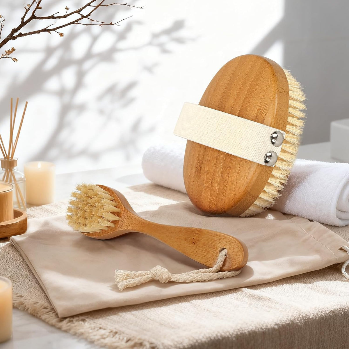 eaxun Bamboo Dry Brushing Body Brush Set, Firm Natural Boar Bristle, 2 Pack