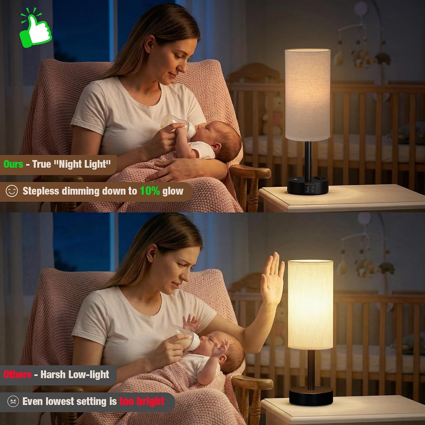 Touch Bedside Table Lamp with Memory - Stepless Dimmable Lamp for Bedroom, Small Nightstand Lamp with Dual USB Charging Ports and AC Outlet, Wood Night Light, Desk Lamp for Nursery, Living Room, Dorm