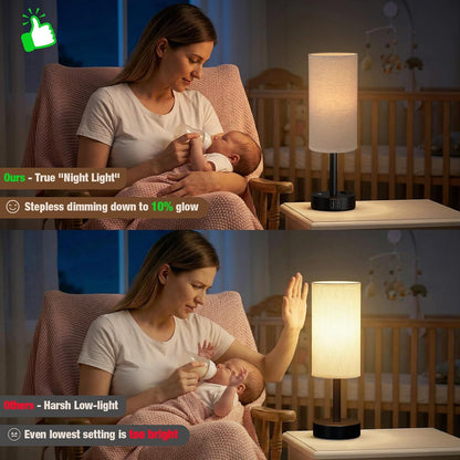 Touch Bedside Table Lamp with Memory - Stepless Dimmable Lamp for Bedroom, Small Nightstand Lamp with Dual USB Charging Ports and AC Outlet, Wood Night Light, Desk Lamp for Nursery, Living Room, Dorm