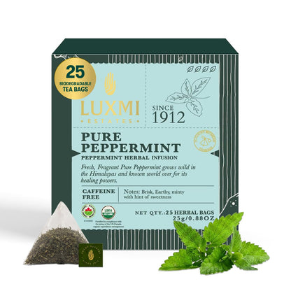 Luxmi Estates Pure Peppermint Tea, 25 Tea Bags (50g, 1.76oz) | USDA Organic Single-Ingredient Whole Leaf Peppermint | Caffeine-Free Herbal Infusion for Digestion, Refreshment & After-Dinner Sipping, Vegan & Non-GMO