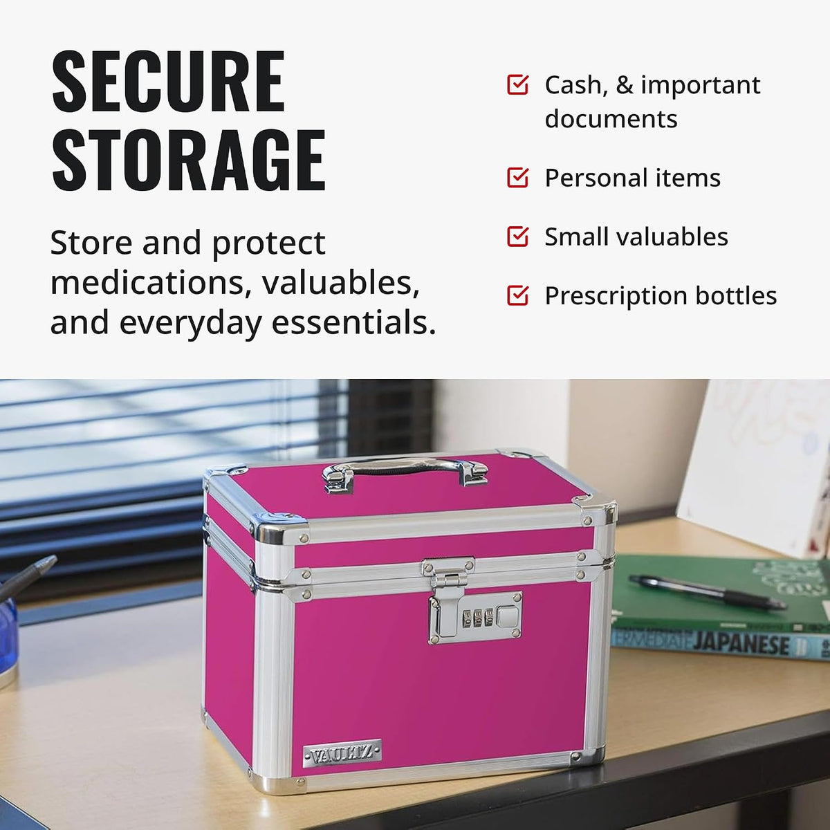 Vaultz Secure Security Lock Boxes - Safe Combination Lock Box, Storage for Documents, Valuables, Medicine & Money - 9.88 x 7.75 x 7 Inch - Black/Chrome