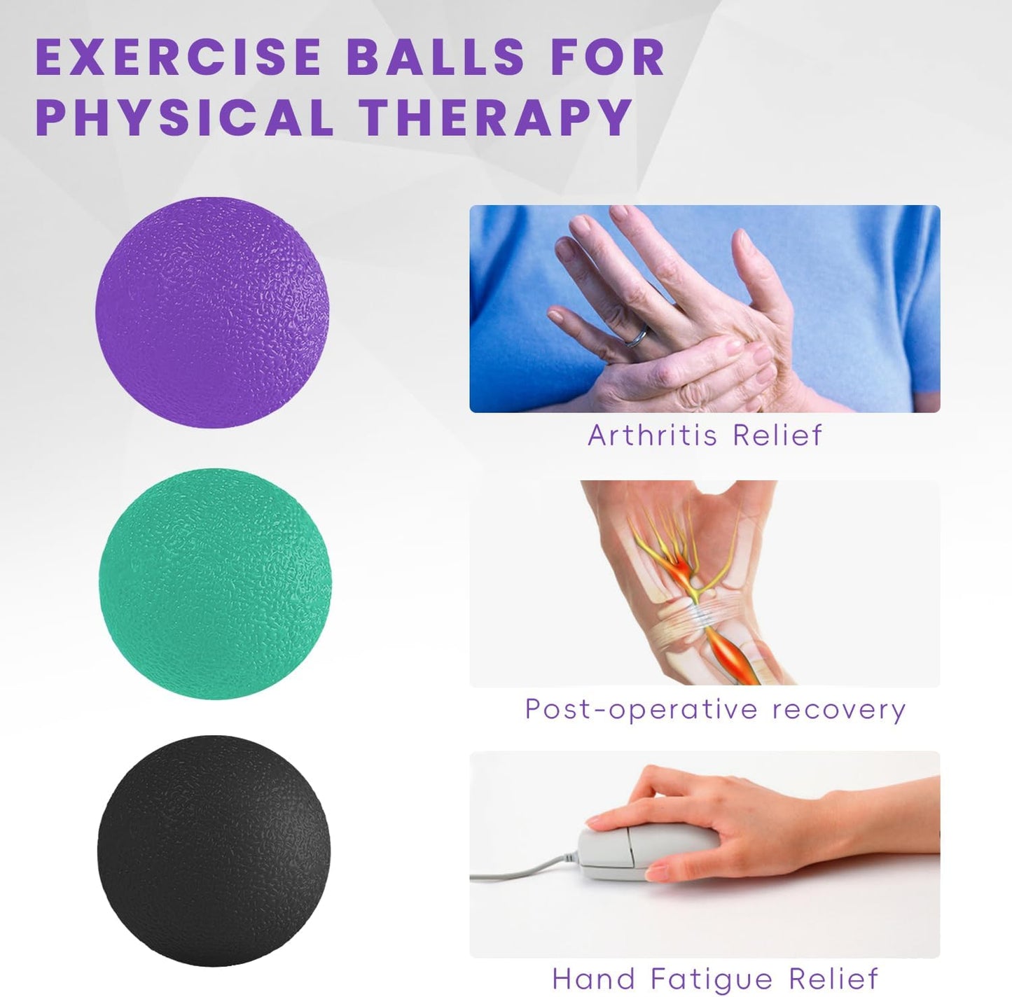 3 Pack Stress Balls for Adults, Hand Strengthening Devices Exercise Balls Physical Therapy Ball, Squeeze Balls for Hand Therapy, Hand Exerciser for Hand Finger Forearm Wrist Training and Relax