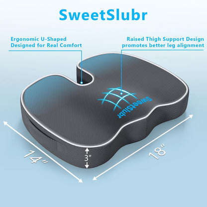 SweetSlubr Ergonomic Memory Foam Seat Cushion & Lumbar Support Pillow Set, Orthopedic Coccyx Cushion for Office Chair, Car, Home – Relieves Back, Sciatica & Tailbone Pain, Improves Posture Black/Large