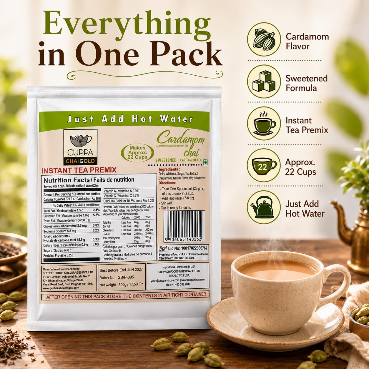 Chai Gold Instant Chai Tea Premix Powder - Sweetened Milk Tea Latte Mix for Home and Beverage Dispensers - [500g / 1.1 lb Bulk Bag] (Kadak)