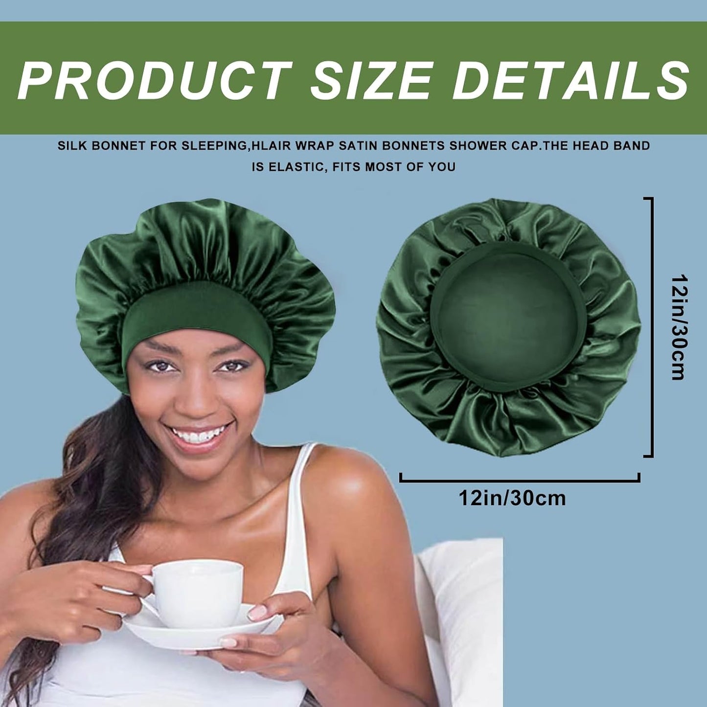 4PCS Silk Satin Bonnets for Black Women & Men - Elastic Wide Band Hair Wrap Cap for Curly Hair - Shower Cap for Sleeping (Black, Peacock Blue, Pink, Khaki)