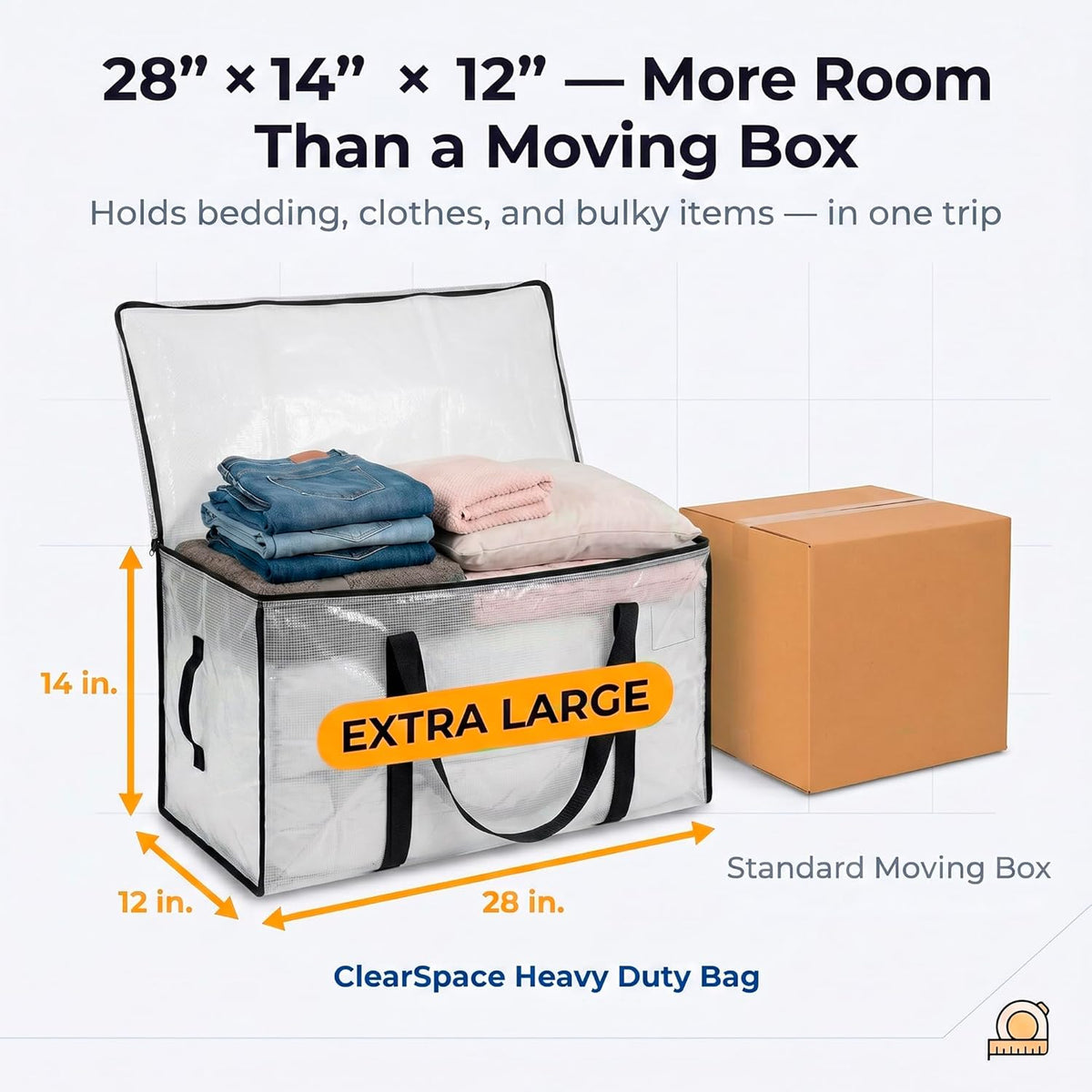 ClearSpace Heavy Duty Moving Bags - Water Resistant Storage Bags with Backpack Straps, Zippers and Handles - Large Moving Boxes for College Dorm, Travel, Closet Organization -, Clear