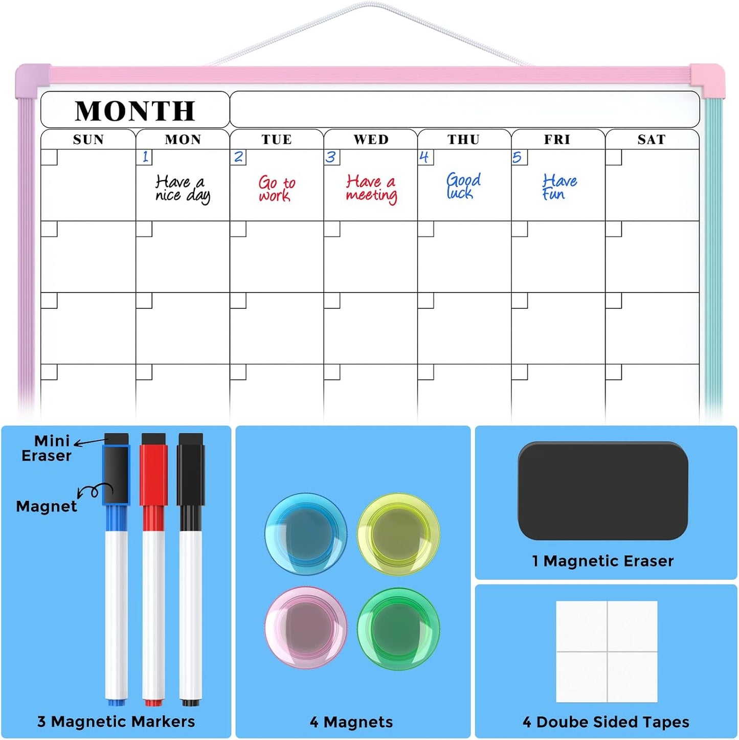 MaxGear Monthly Calendar Dry Erase Board for Wall, 16"x12", White Frame | Double-Sided, Hanging Small White Board, Portable Whiteboard for Planning, Drawing, Memo, to Do List, Home, Kitchen, Office