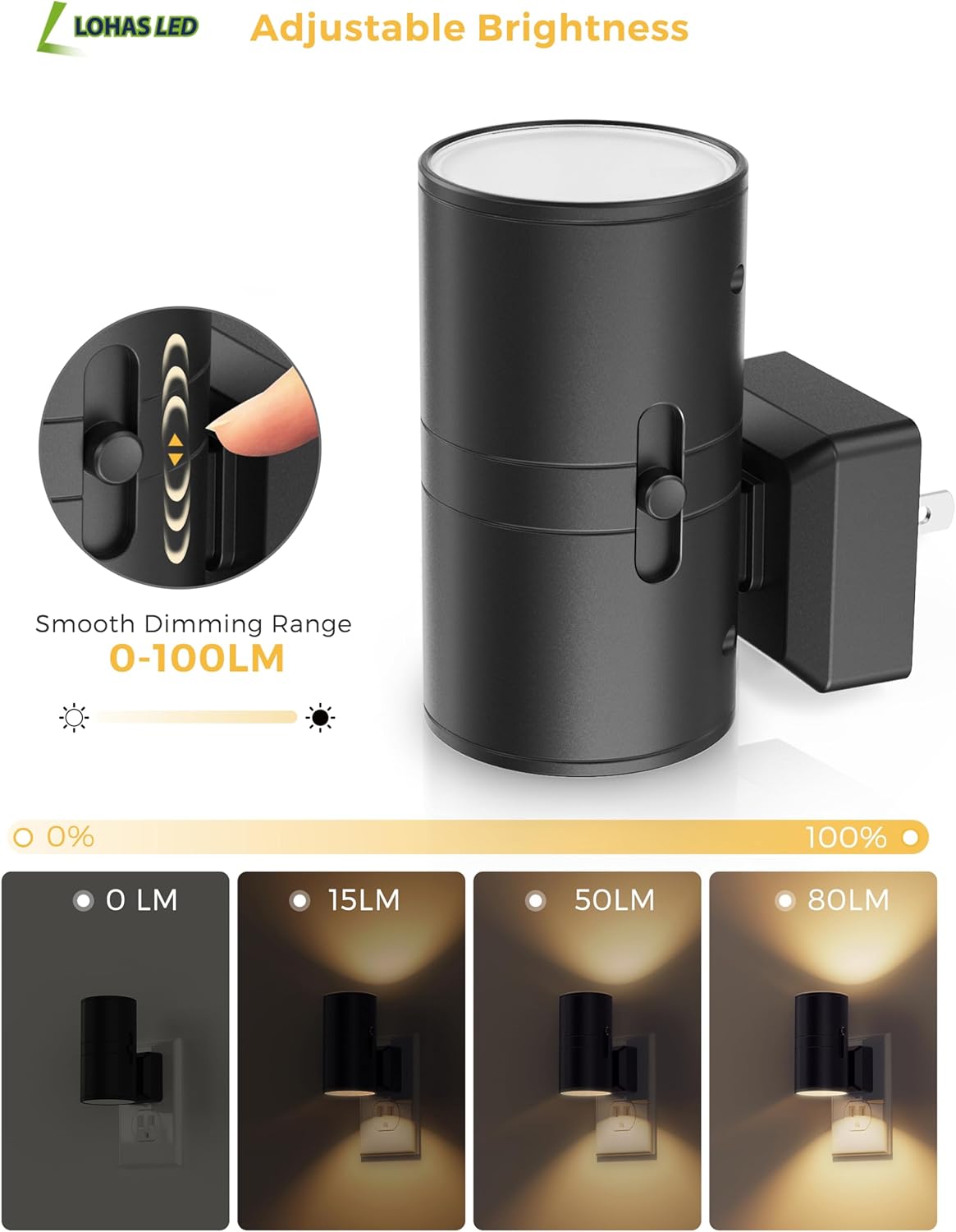 L LOHAS LED Night Light, Amber Nightlight, Dimmable Night Light, Light Sensor, Yellow Nightlight, 0-100LM, Sleep Light for Kids, Soft & Warm Light for Bedroom, Bathroom, 2 Pack