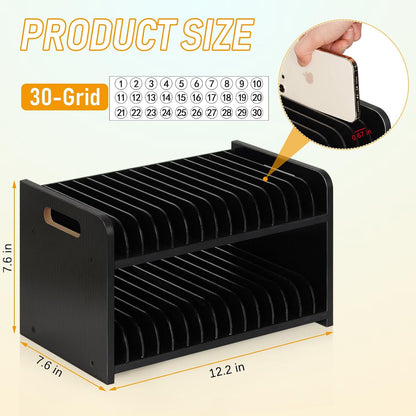 30-Grid Wooden Cell Phone Holder stand with 1-30 Number Stickers, Black
