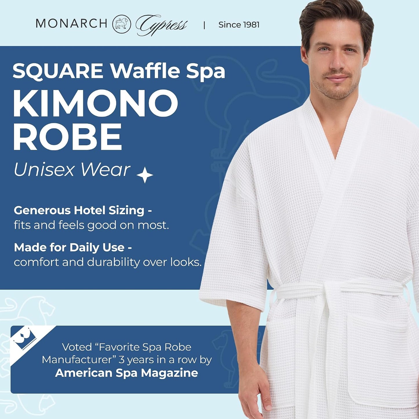 Monarch Square Waffle Spa Kimono Robe for Men or Women