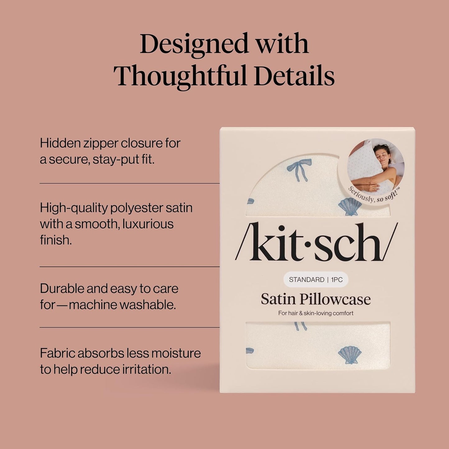Kitsch Satin Pillowcase with Zipper for Hair & Skin - Softer Than Silk Pillow Cases, Smooth Cooling Satin Pillow Case, Wrinkle-Free, Machine Washable - Pillow Cases Standard Size (19x26) - Blush