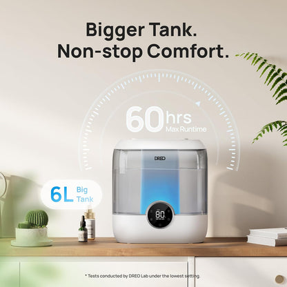 DREO 6L Humidifiers for Bedroom, 60H Runtime, 28 dB Quiet, HM524 | Precise Humidity Control, Easy to Refill & Clean, Nightlight, Cool Mist Humidifiers for Large Rooms, Baby Nurseries & Plants