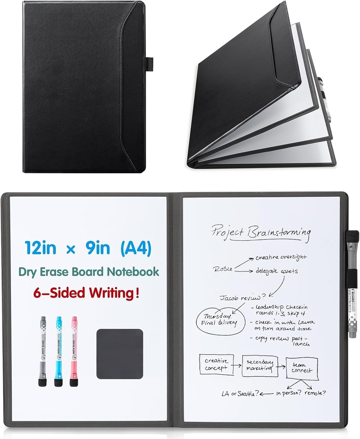 CoBak 6 Sides Portable White Board 12x9 inch (A4) - Notebook Design Dry Erase Small Board with Pocket and 3 Markers, Anti-Ghosting Surface for Office, School, Homeschool with Gift Box (Brown)