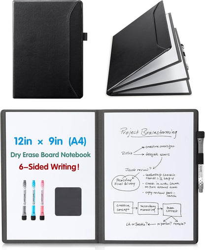 CoBak 6 Sides Portable White Board 12x9 inch (A4) - Notebook Design Dry Erase Small Board with Pocket and 3 Markers, Anti-Ghosting Surface for Office, School, Homeschool with Gift Box (Brown)