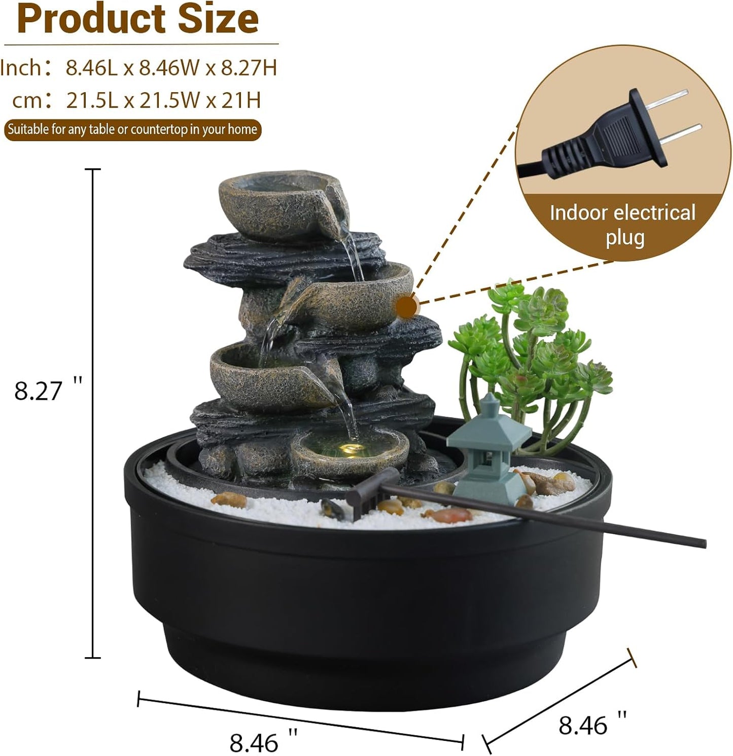 Sunlinua Natural Rocks Tabletop Water Fountain Indoor Water Fountains with 4-Tier Soothing Sound Desktop Waterfall with DIY Decoration for Meditation Desk Home Office Decor(Indoor Electrical Plug)