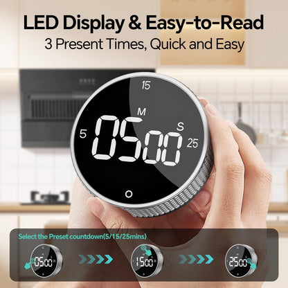 Digital Magnetic Kitchen Timer for Cooking, Large LED Countdown Timer, Rotating Pomodoro Timer, Volume Adjustable, 5/15/25 Min Presets for Kitchen, Baking Grilling Studying