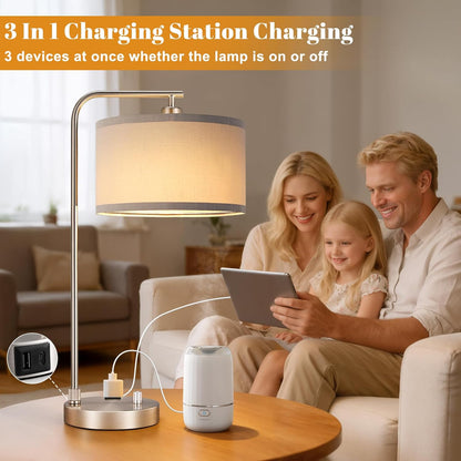 Innqoo Bedside Table Lamps for Bedroom Set of 2-Dimmable Nightstand Lamps with USB Port and Outlet,Modern Gold Lamps with Linen Shade,Tall Desk Lamps for Home Office Bedroom Living Room End Table