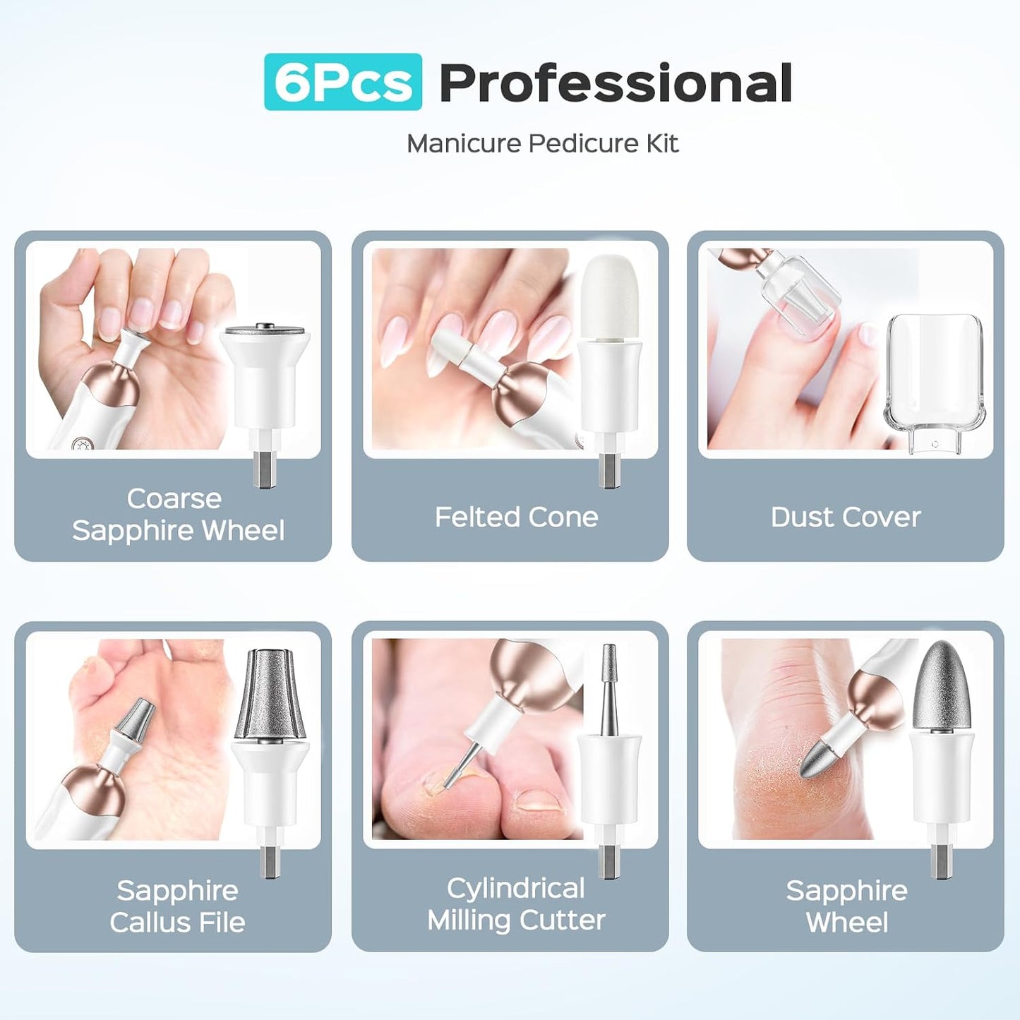 COSLUS C43 Professional Manicure Pedicure Kit, 5-in-1 Electric Nail File for Toenail Hand Feet, Basic & Thick Nails Care, Cordless, 5 Speeds, for Men Women Seniors Home Salon, Wider Grinder, White