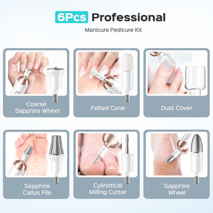 COSLUS C43 Professional Manicure Pedicure Kit, 5-in-1 Electric Nail File for Toenail Hand Feet, Basic & Thick Nails Care, Cordless, 5 Speeds, for Men Women Seniors Home Salon, Wider Grinder, White