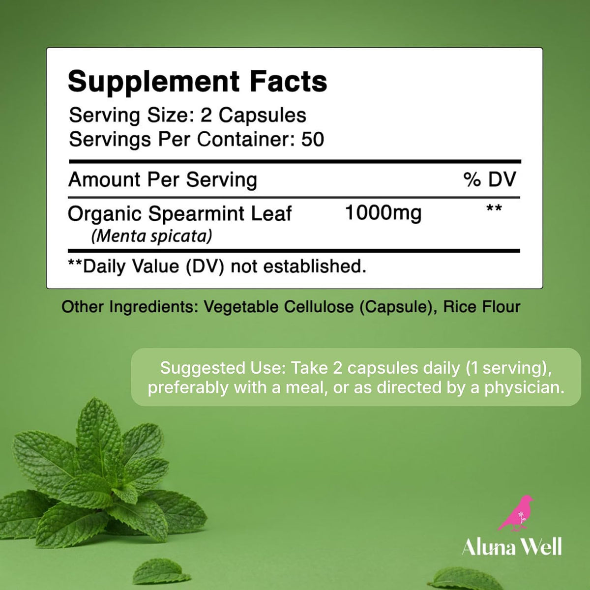Organic Spearmint Capsules – 1000mg Vegan & Non-GMO Herbal Supplement – Daily Wellness and Balance – Alternative to Spearmint Tea – 50-Day Supply