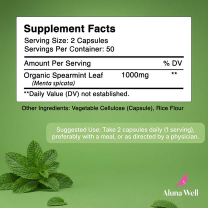 Organic Spearmint Capsules – 1000mg Vegan & Non-GMO Herbal Supplement – Daily Wellness and Balance – Alternative to Spearmint Tea – 50-Day Supply