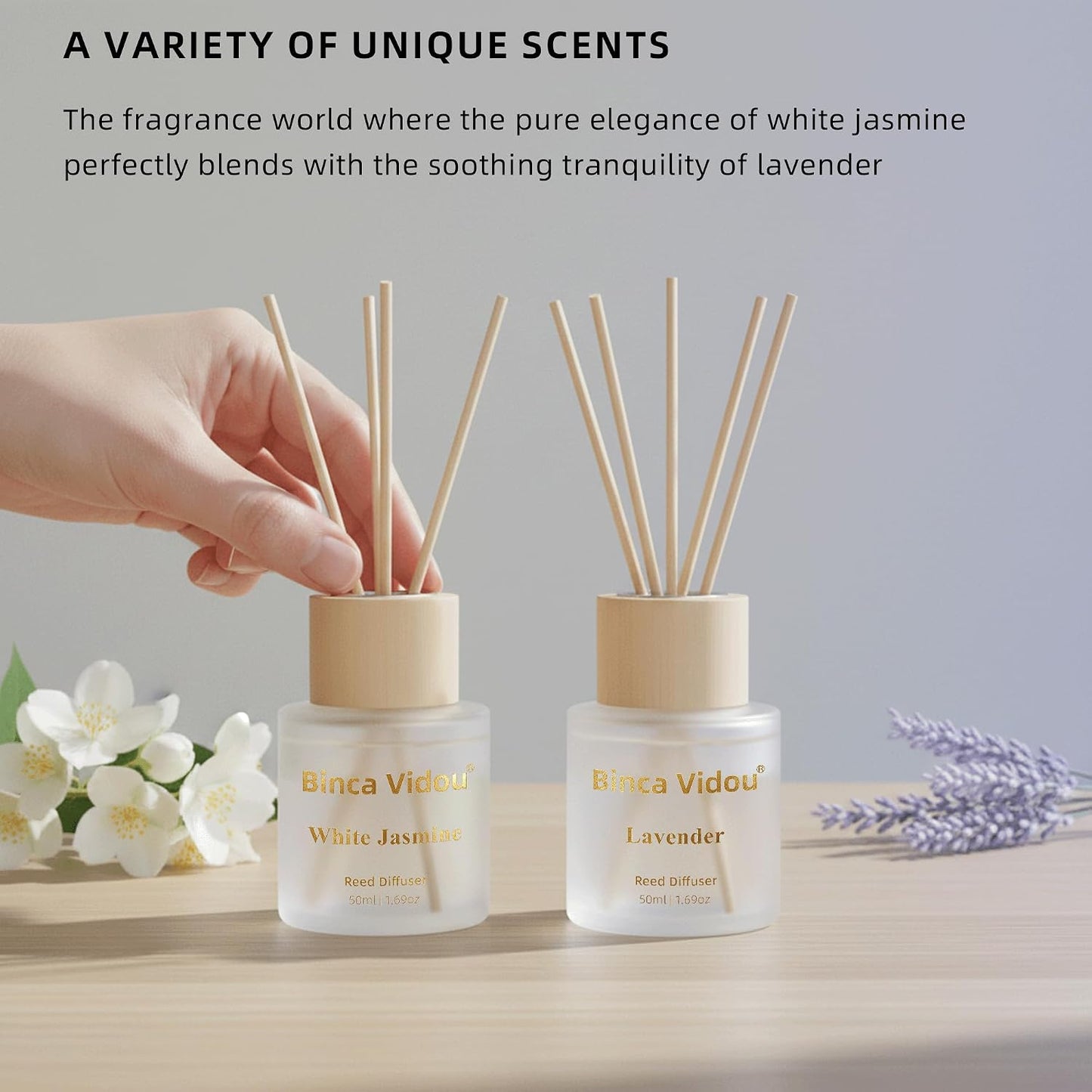 Reed Diffuser Set, Binca Vidou Lavender & Vanilla Natural Scent Oil Diffusers with Sticks for Home Office Bathroom Aromatherapy Decor 1.69oz x 2