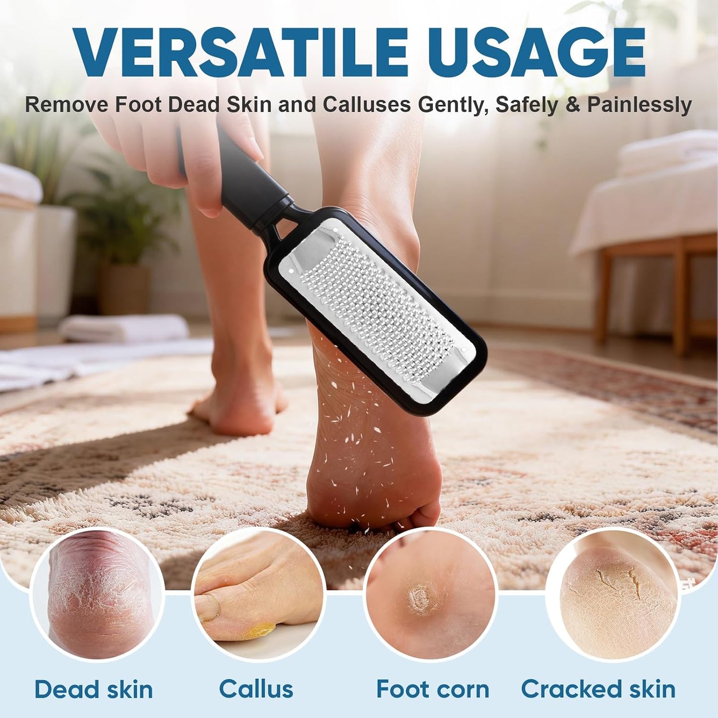 TEAWOO Double Sided Foot File and Callus Remover, Stainless Steel Waterproof Foot Scraper and Foot Rasp for Dead Skin & Hard Heels, 2-in-1 Pedicure Tools for At Home Foot Care