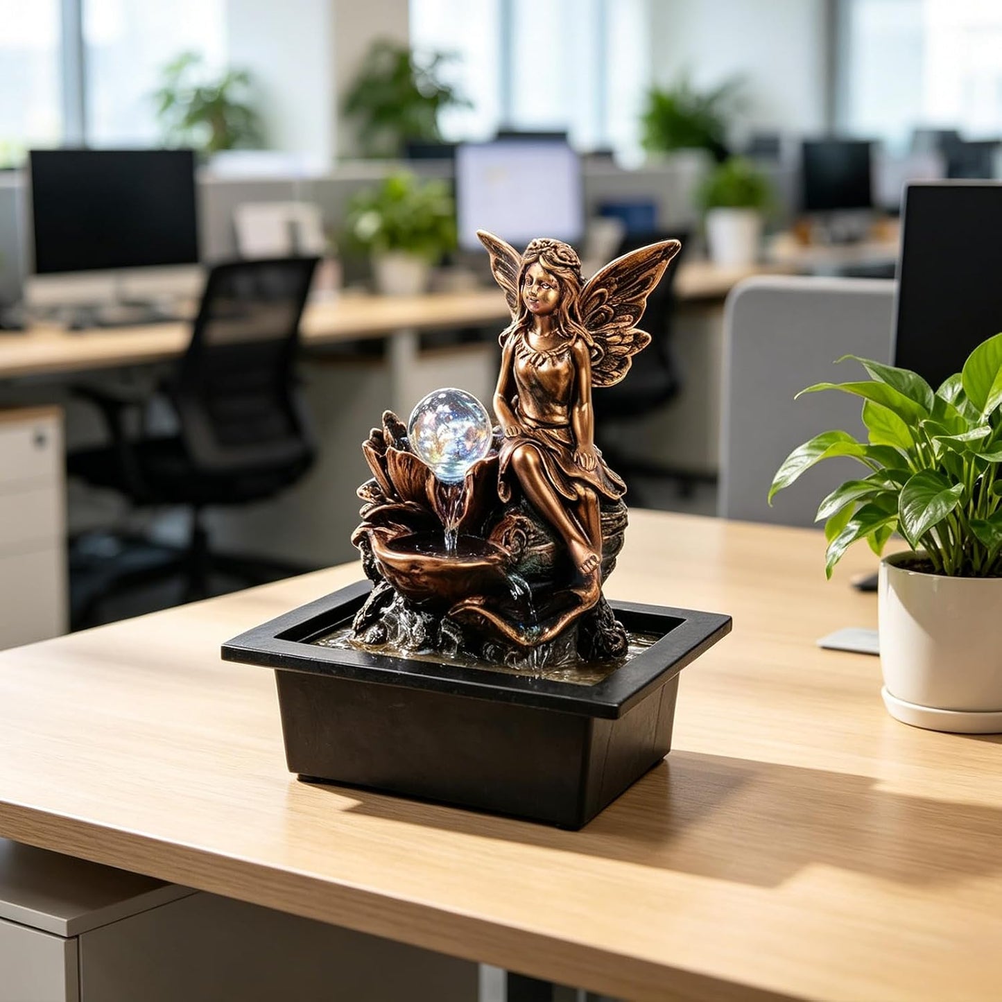 GOESWELL Water Fountain for Indoor Tabletop: Antique Bronze Fairy Statue Tabletop Waterfall with Rotating Crystal Ball for Desk - Small Zen Meditation Decor for Home Office Bedroom Relaxation