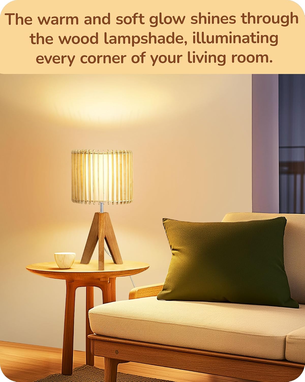 EDISHINE Tripod Table Lamp, Small Cute Bedside Lamp with Linen Beige Lampshade, Nightstand Lamp for Nursery, Bedroom, Kid Room, Living Room, Light Brown Wooden Base, E26 Socket, 14.2 Inch