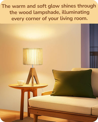 EDISHINE Tripod Table Lamp, Small Cute Bedside Lamp with Linen Beige Lampshade, Nightstand Lamp for Nursery, Bedroom, Kid Room, Living Room, Light Brown Wooden Base, E26 Socket, 14.2 Inch