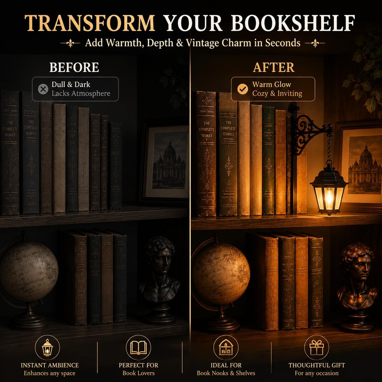Library Lantern-Decorative Bookshelf Lighting, Mini Bookshelf Lamp Slides Between Books, Warm Amber LED Bookshelf Lights for Book Nook, Shelf Decor Gift for Book Lovers(Reading Ghost)