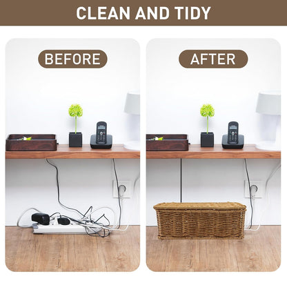 2 Pack Rattan Cable Management Box, Large Cord Organizer Box with Lid Under Desk Router Hider Storage Box with 4 Exits, Wire Box Hider for TV Wires Computer Surge Protector USB Hub Power Strip