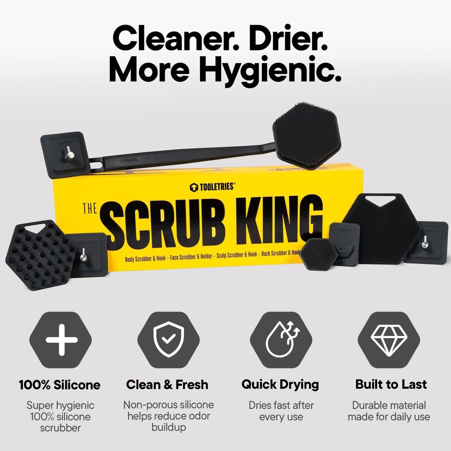 TOOLETRIES The Scrub King Silicone Shower Set for Men & Women, Hygienic Silicone Exfoliating Bath Set with Back Scrubber, Body Scrubber, Face Scrubber, Scalp Massager, Hooks & Holder - Charcoal