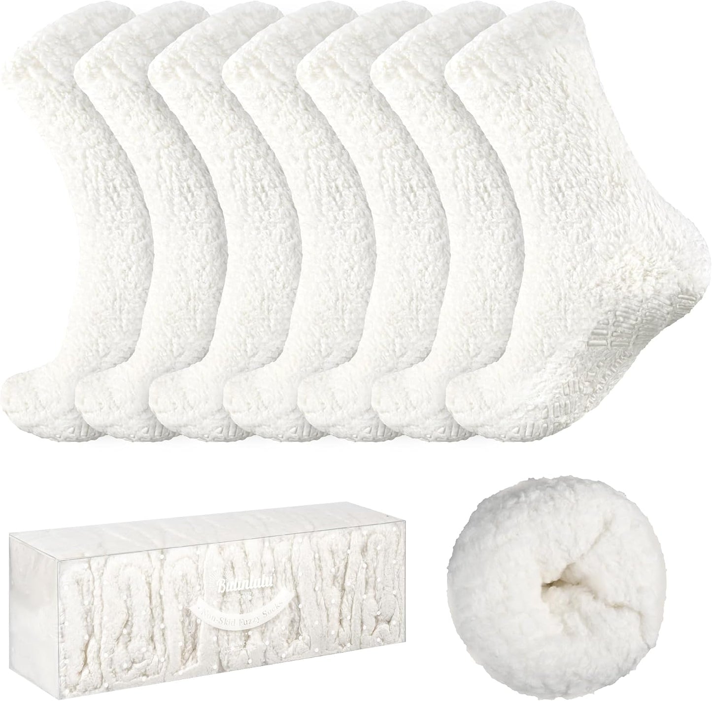 Bulinlulu Fuzzy Socks with Grips Plush Sleep Cozy Winter Soft Hospital Fluffy Socks for Womens Mens Gifts