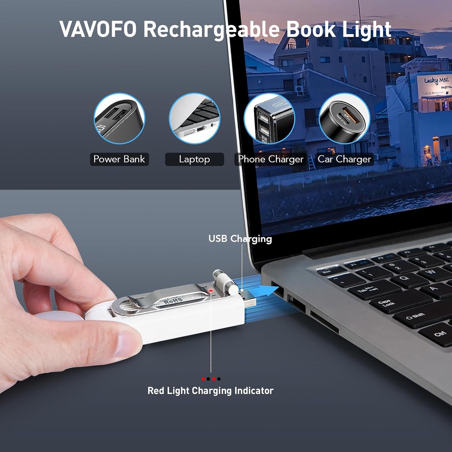 VAVOFO USB Rechargeable Book Light, Blue Light Blocking, Amber Clip-On Bookmark Shaped Reading Light, Eye Care 6 LEDs With 9 Lighting Modes for Bookworms (Grey)