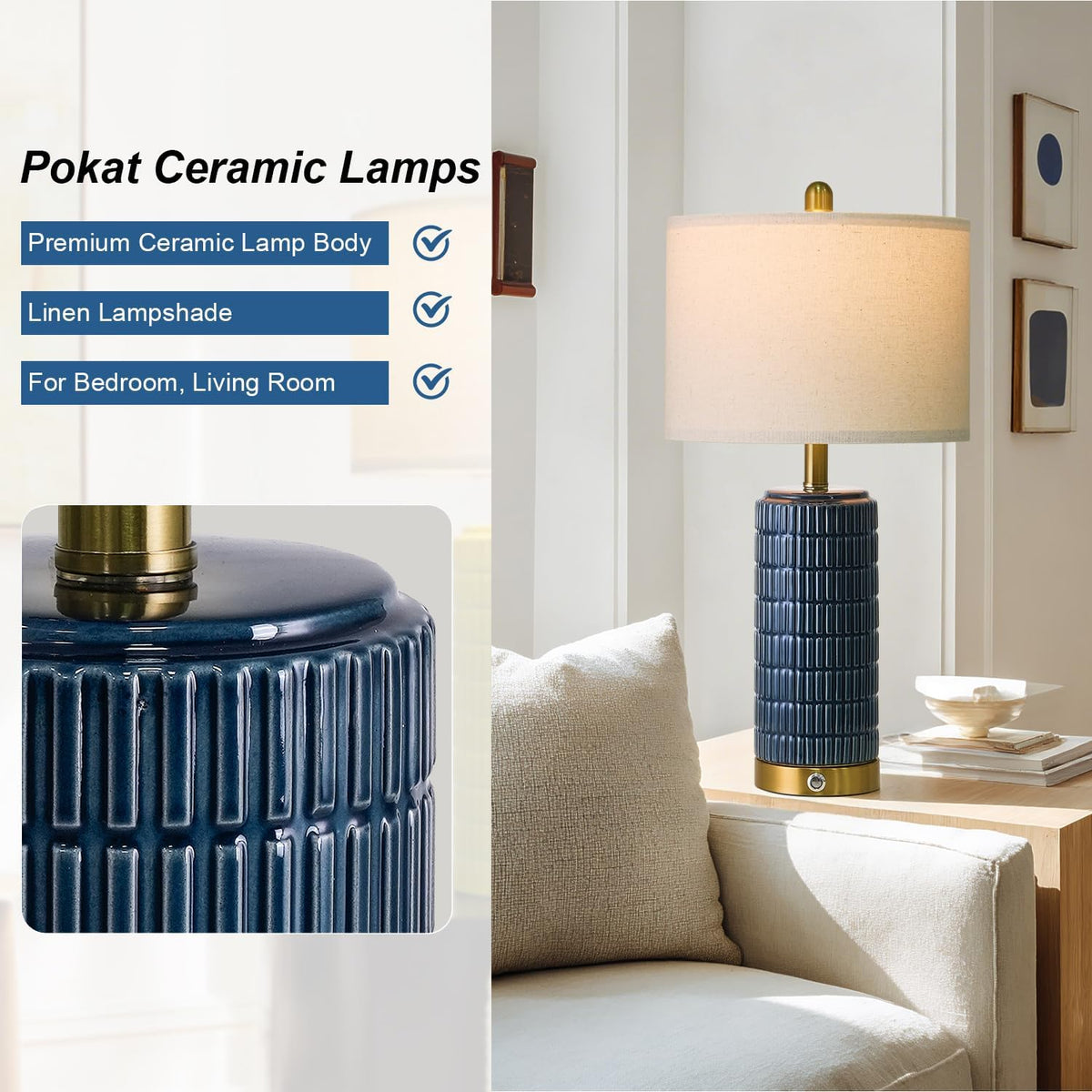 PoKat Touch Bedside Table Lamps with 2 USB for Bedroom Living Room, 25''